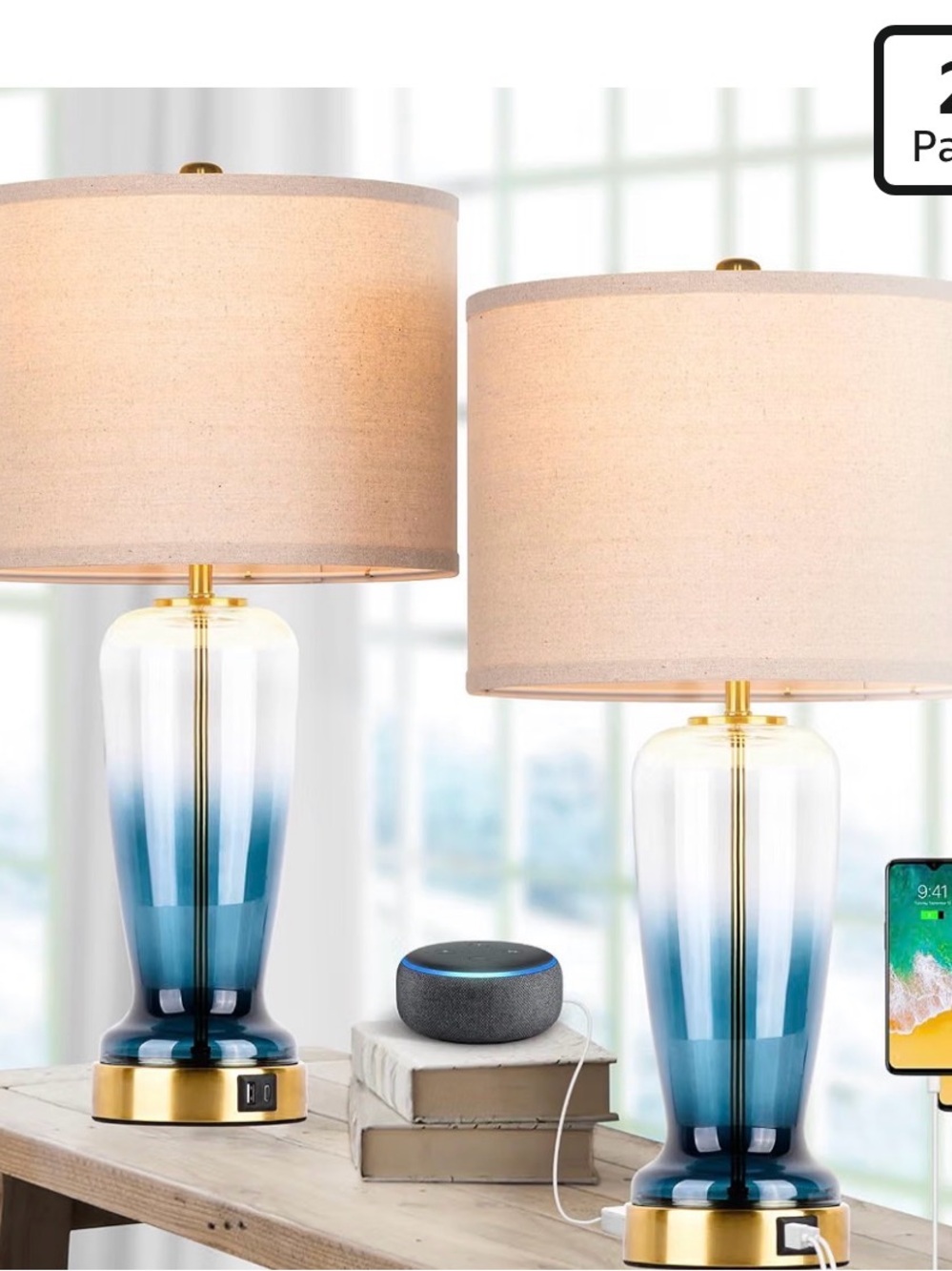 Amazon Blue Gradient Glass Table Lamp with Gold Base and Beige Shade